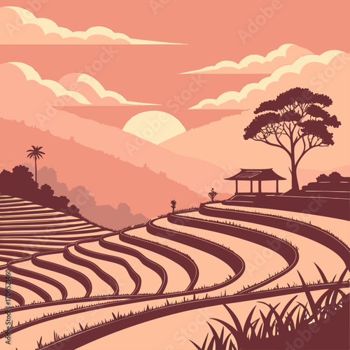 Serene sunset over lush rice terraces with a traditional hut and silhouette tree in a tropical landscape