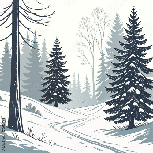 Serene winter forest landscape with snow covered evergreen trees and a winding path through a snowy hill under a pale sky
