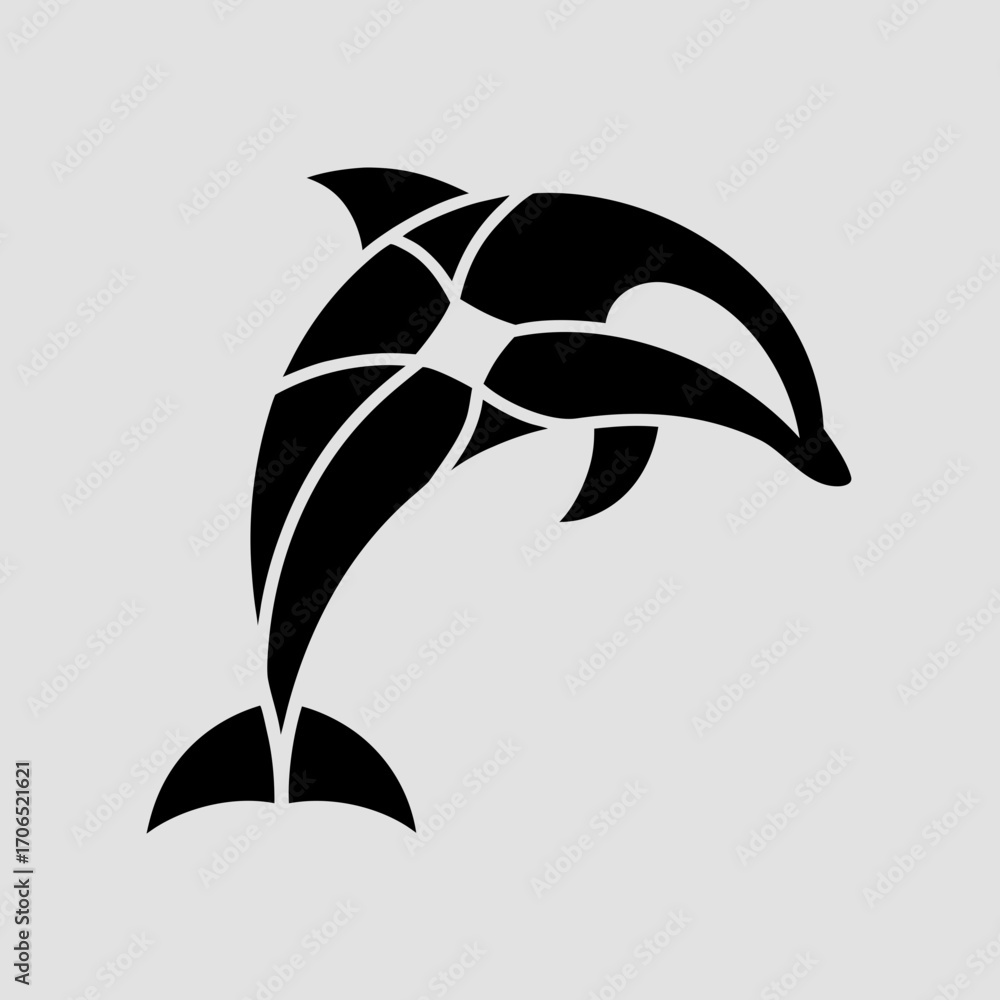 Naklejka premium Stylized black silhouette of a leaping dolphin with a segmented geometric design against a plain light gray background