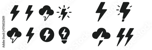 Creative lightning bolt and cloud symbols designed for various expressions and themes in graphic design projects