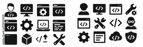 Icons representing programming, coding, and technology concepts in a digital design layout