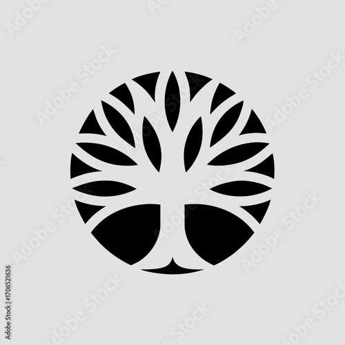 Stylized black tree of life icon with circular abstract branches and trunk against a light gray background