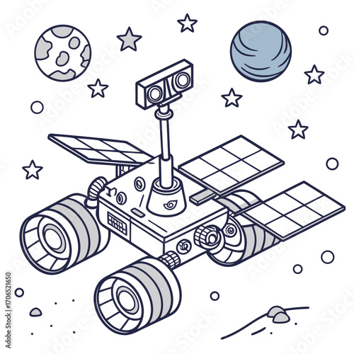 Stylized cartoon illustration of a mars rover with solar panels and cameras exploring a rocky alien planet surface surrounded by stars and planets in outer space
