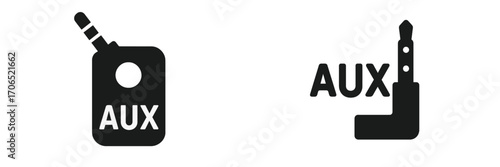Two distinct auxiliary symbols designed for various audio and electronic devices and connectors illustrating connectivity options