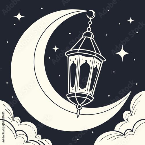 Stylized crescent moon and hanging lantern illuminated against a starry night sky with fluffy clouds evoking a sense of islamic celebration and spiritual ambiance