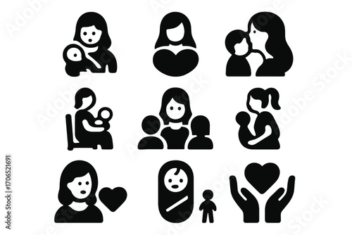 Icons representing motherhood, parenting, and family love in a simple, black and white design suitable for various applications