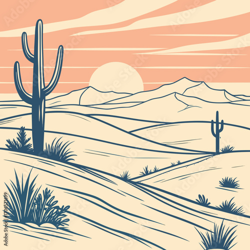 Stylized desert landscape at sunset with saguaro cacti rolling sand dunes and distant mountains under a warm orange sky