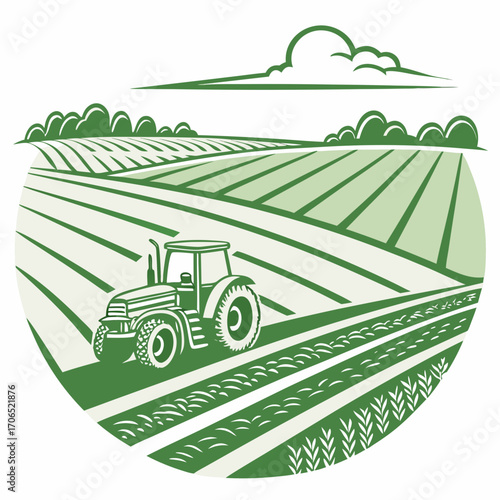 Stylized green tractor plowing a vast agricultural field with rolling hills and clouds in the background representing a bountiful harvest