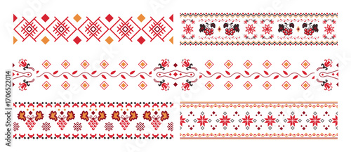 Dividers and borders with the graphic Slavic ornaments, Ukrainian decorative art and embroidery, ornaments with symbols and abstract element set. Vector abstract ethnic pattern art.
