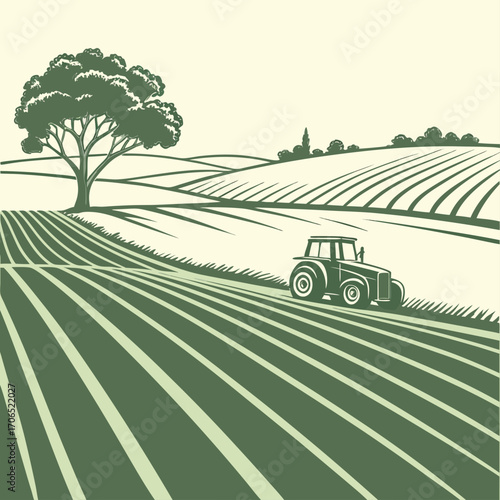 Stylized illustration of a solitary tractor plowing a vast agricultural field with rolling hills and a large tree in the background under a clear sky