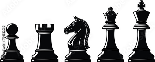 Chess pieces silhouettes vector illustration, pawn rook knight queen king icon set, strategic board game design, classic chess figure graphic clipart