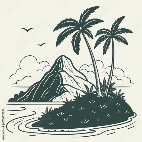 Stylized illustration of a tropical island with two palm trees and a majestic mountain peak under a cloudy sky with birds flying above the serene ocean waters
