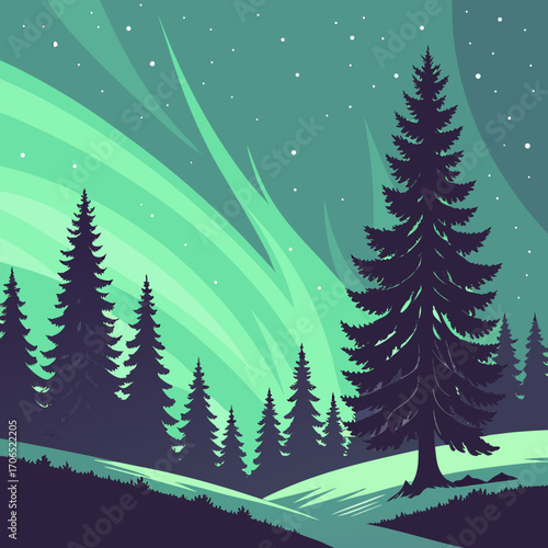 Stylized silhouette of dark evergreen trees under a vibrant green aurora borealis sky with scattered stars in a minimalist landscape