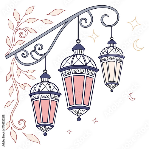 Three ornate hanging lanterns with decorative scrollwork and delicate floral vine elements against a white background with subtle celestial motifs