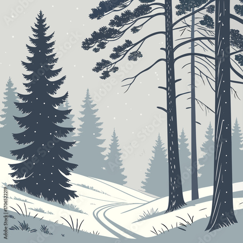 Stylized winter forest scene with snow falling gently on evergreen trees and a winding path through the snowy landscape