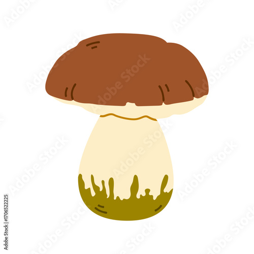 Illustration of a boletus mushroom with a thick stem and brown cap. Perfect for themes about forest, autumn harvest, foraging, organic food, nutrition, vegetarian meals, and natural woodland elements.