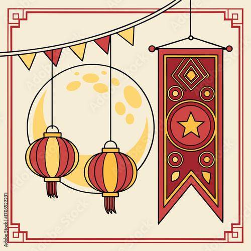 Traditional chinese mid autumn festival celebration with hanging lanterns and a full moon under a decorative border