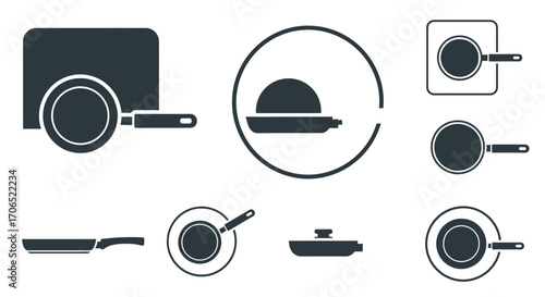 Frying Pan Icon Set - Various Styles and Perspectives, Black Silhouette.
