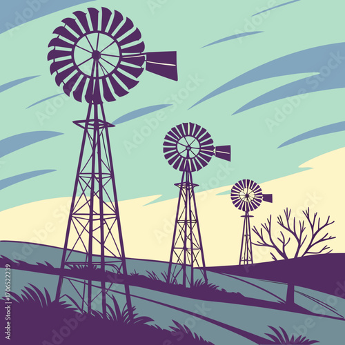 Three vintage silhouette windmills stand tall on rolling hills under a stylized sky with wispy clouds and a pale yellow horizon line
