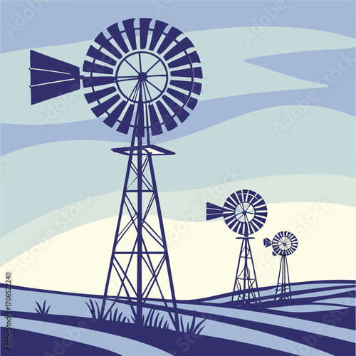 Three silhouetted windmills stand tall on a rolling hillside under a stylized sky with wavy layers of blue and cream colors