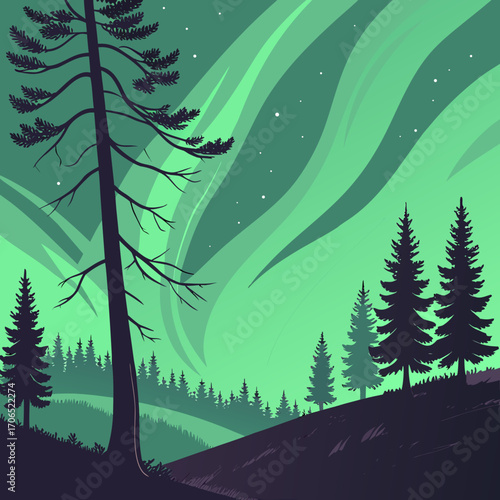 Vibrant green aurora borealis dances across a starry night sky over a silhouetted pine forest landscape with rolling hills and a lone tall tree