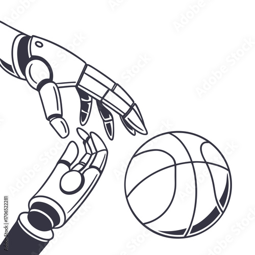Two robotic hands reaching towards a basketball symbolizing the intersection of artificial intelligence and sports technology in athletics and future of gaming