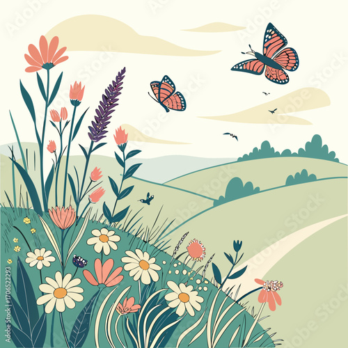 Vibrant monarch butterflies fluttering over a lush meadow filled with daisy wildflowers and tall grasses under a cloudy sky