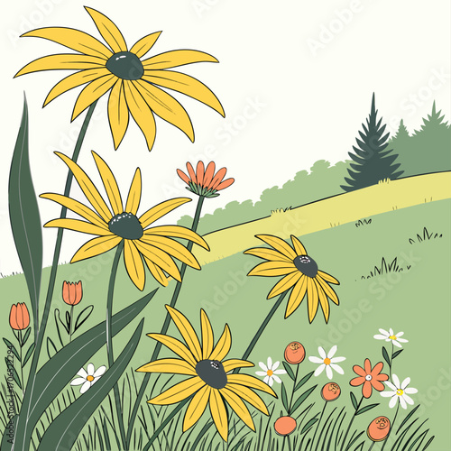 Vibrant yellow coneflowers and wildflowers bloom in a lush green meadow with a winding path and distant evergreen trees under a pale sky