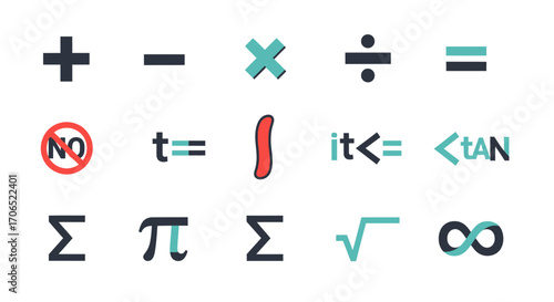 Modern flat design mathematical symbols and icons set with colorful accents on a grid layout.