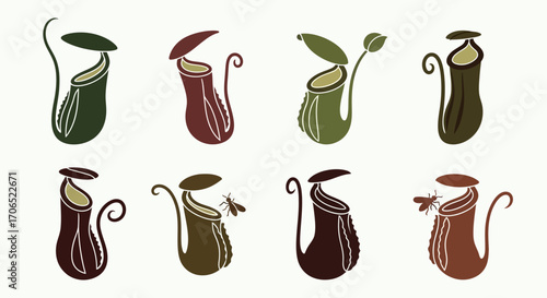 Set of eight stylized carnivorous pitcher plant illustrations in earthy green, red, and brown tones.