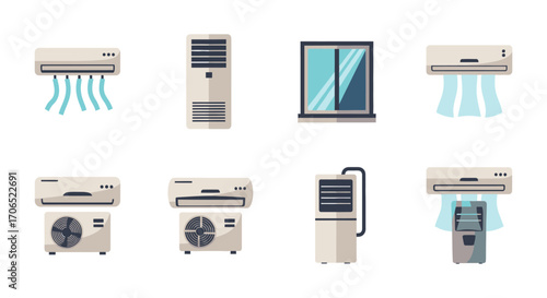 Set of flat vector air conditioning units - split, window, portable, and outdoor compressor illustrations.