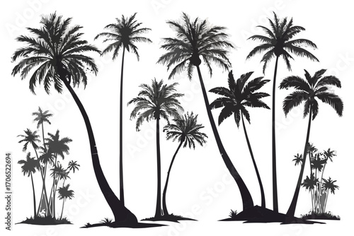Silhouette illustration showcasing a variety of palm trees against a white background art design
