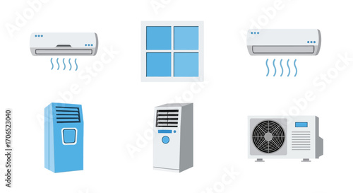 Vector illustration set of various air conditioning systems, including split units, portable coolers, and an outdoor condenser.