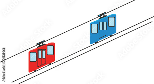 The illustration depicts a simplified diagram of a funicular railway system, showing two cable cars ascending and descending a steep incline on parallel tracks.