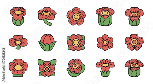 Vibrant Cartoon Rafflesia Flowers Icon Set with Red Petals and Green Bases.
