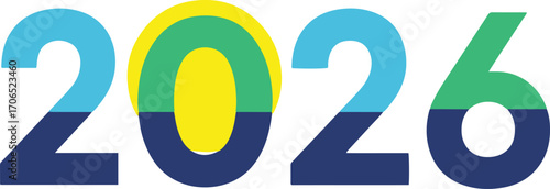Modern 2026 text in bold geometric style with blue, green, and yellow color blocks, vector illustration
