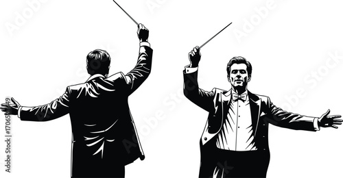 Black and white silhouette, orchestra conductor front view, conductor back view, holding baton, directing music, formal suit, musical performance, vector illustration