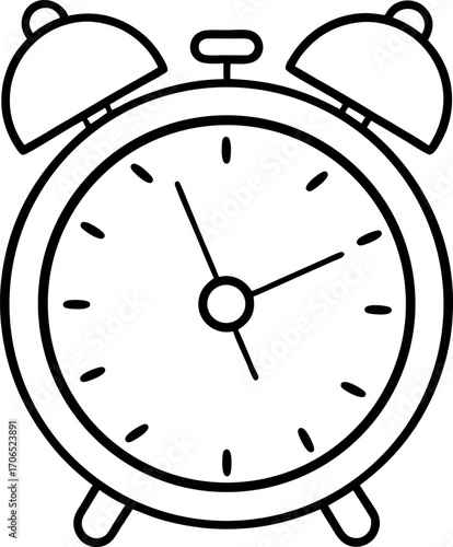 Minimalist Black and White Alarm Clock Line Drawing Illustration