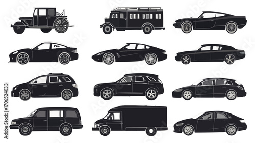 Collection of twelve different black car silhouettes including antique and modern vehicles on white