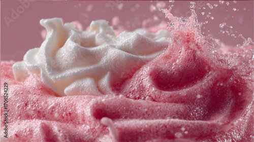 A macro close up of a pink smoothie mixed with whip cream in a glass.