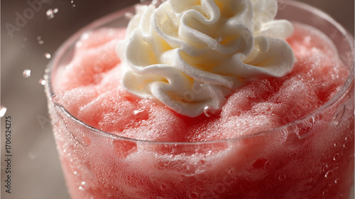 A food photography, macro close up of a pink slushy mixed with whipcream in a glass