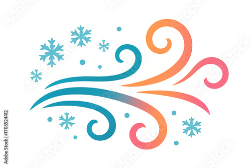 Colorful abstract wind design with snowflakes and swirls  wind blowing snow