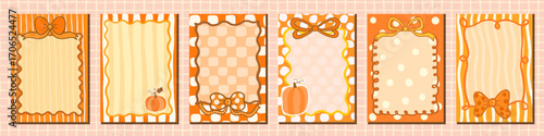 Autumn vector frames with pumpkins and bow ribbons in orange fall colors on striped and polka dot pattern backgrounds