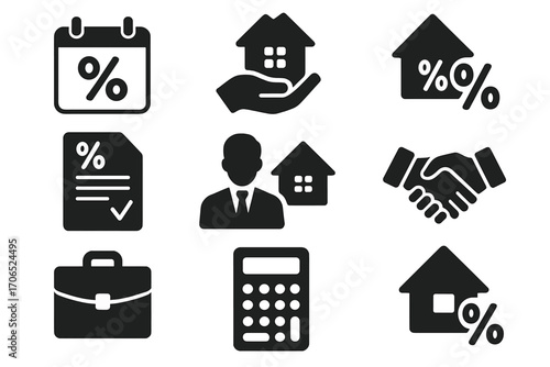 Icons representing real estate finance and property investment strategies in a modern design