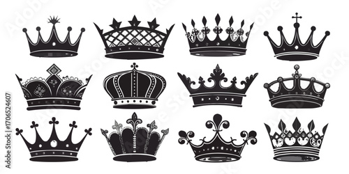 Collection of twelve black and white crown illustrations with varying designs and embellishments royalty