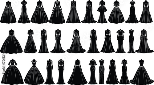 Evening gown silhouettes vector illustration, formal dress fashion icon set, elegant women’s clothing design, ball gown and cocktail dress graphic, haute couture clipart