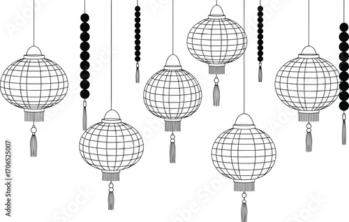 Traditional hanging lantern silhouettes vector illustration, Asian festival decoration icon set, cultural celebration design, Lunar New Year and holiday ornament graphic clipart