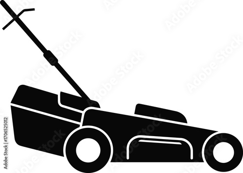 Lawn mower silhouette vector illustration, grass cutting machine icon, gardening and landscaping equipment design, yard maintenance graphic, outdoor garden care tool clipart