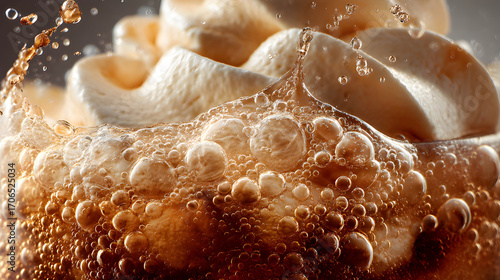 A close-up of a root beer float with whipped cream swirling on the foamy, bubbly surface of a dark soda, which provides a delicious refreshing sensation.