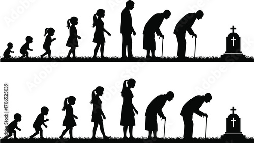Human life cycle silhouettes vector illustration, stages from birth to death icon set, aging and mortality design, evolution of life graphic clipart